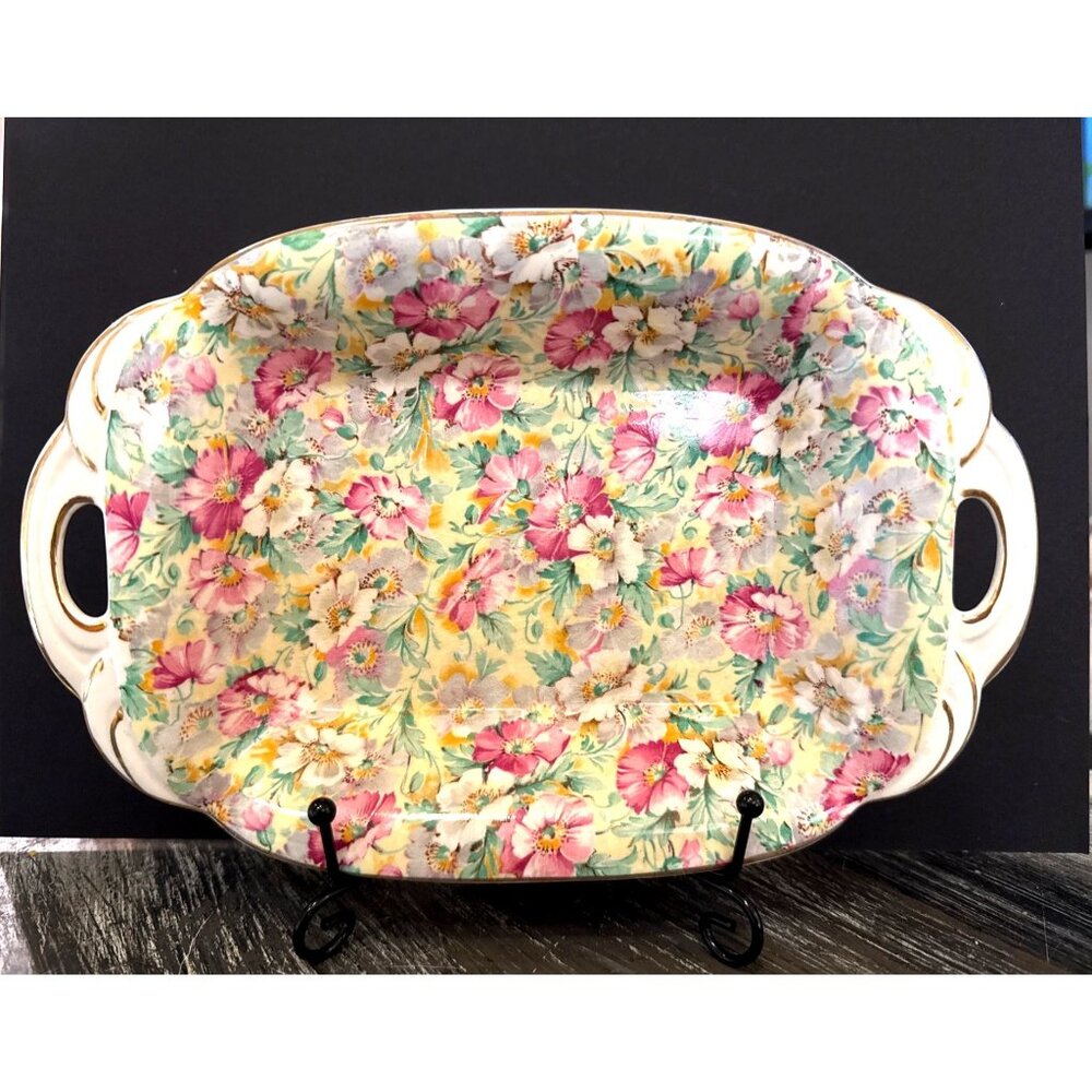 Vintage Ridgway England Floral Chintz Ceramic Serving Tray Platter With Handles